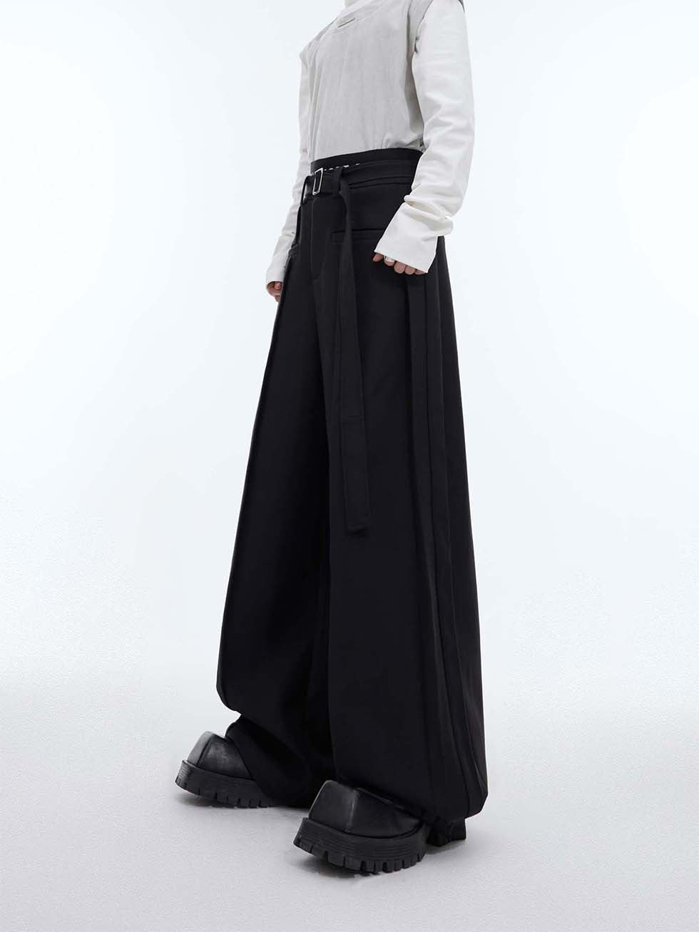 Belt design wide casual pants P1092