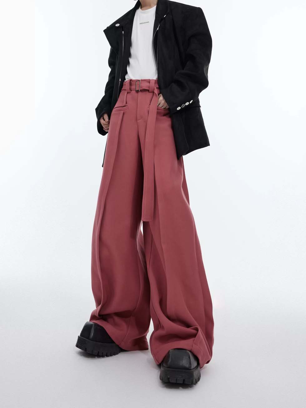 Belt design wide casual pants P1092