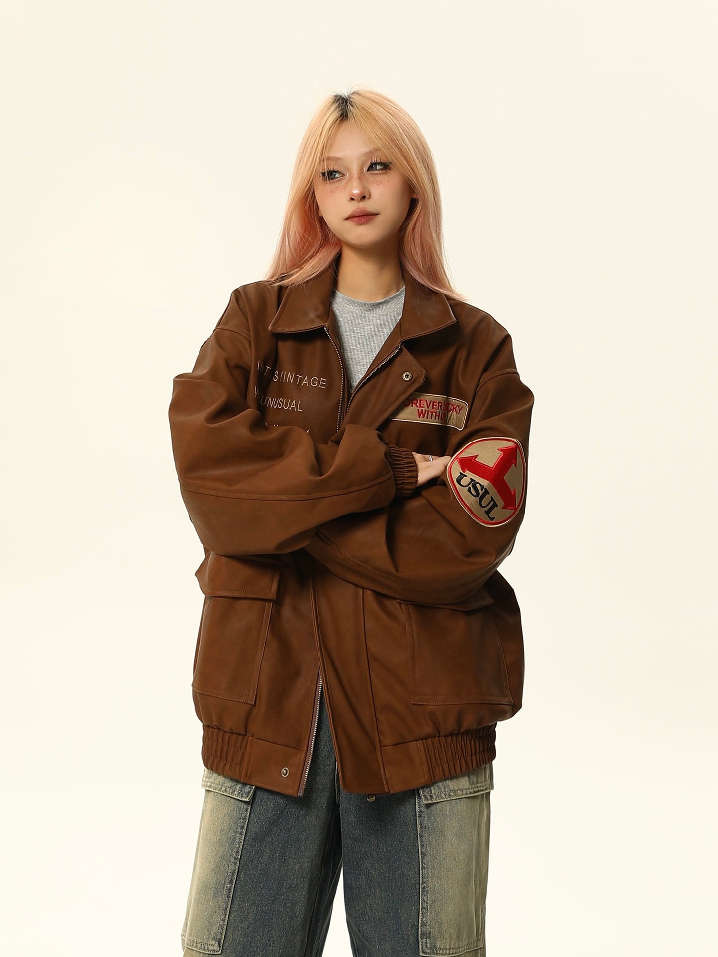 American retro PU leather jacket P1332