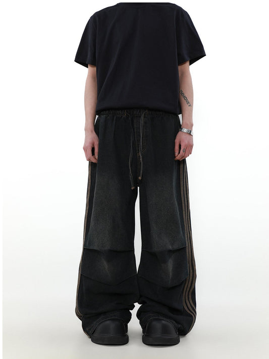 Pleated design wide leg straight jeans P1346