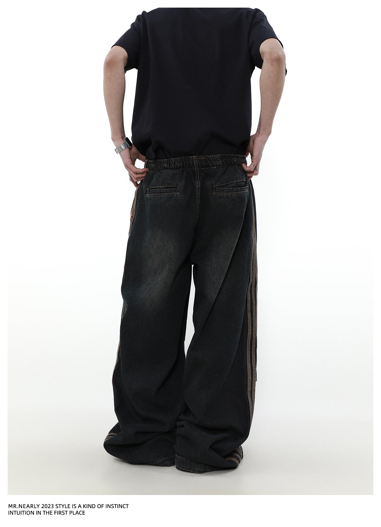 Pleated design wide leg straight jeans P1346