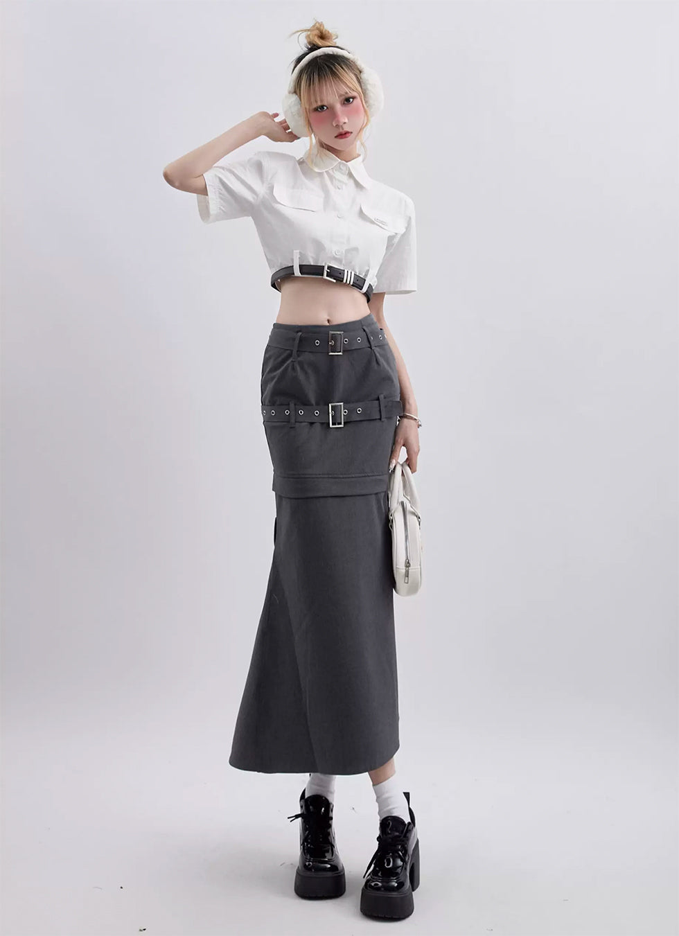 Double belt, zipper removable slim long skirt P971