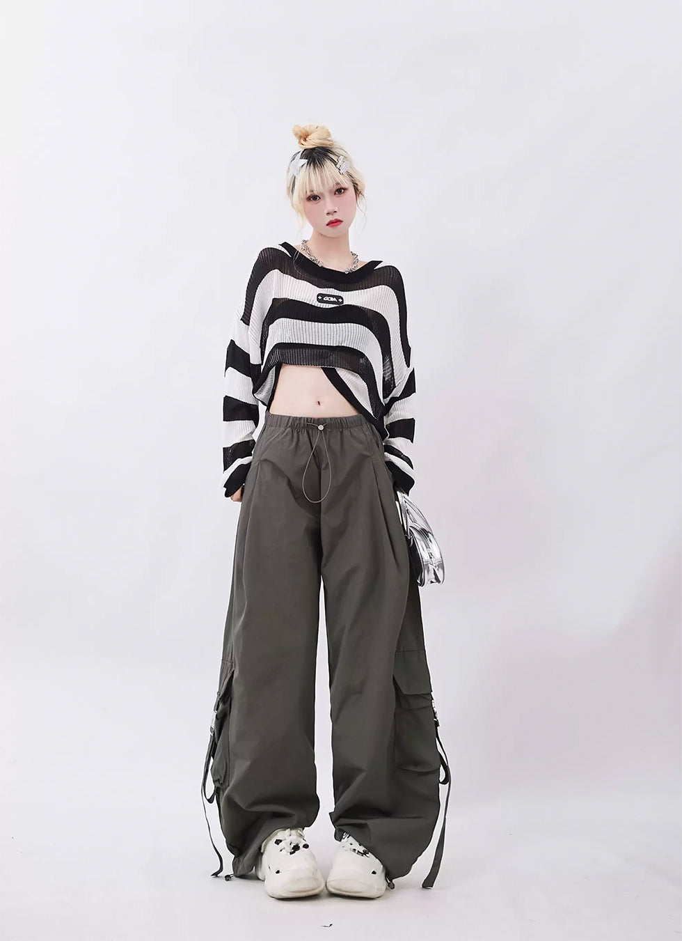 Big pocket drawstring design straight pants P966