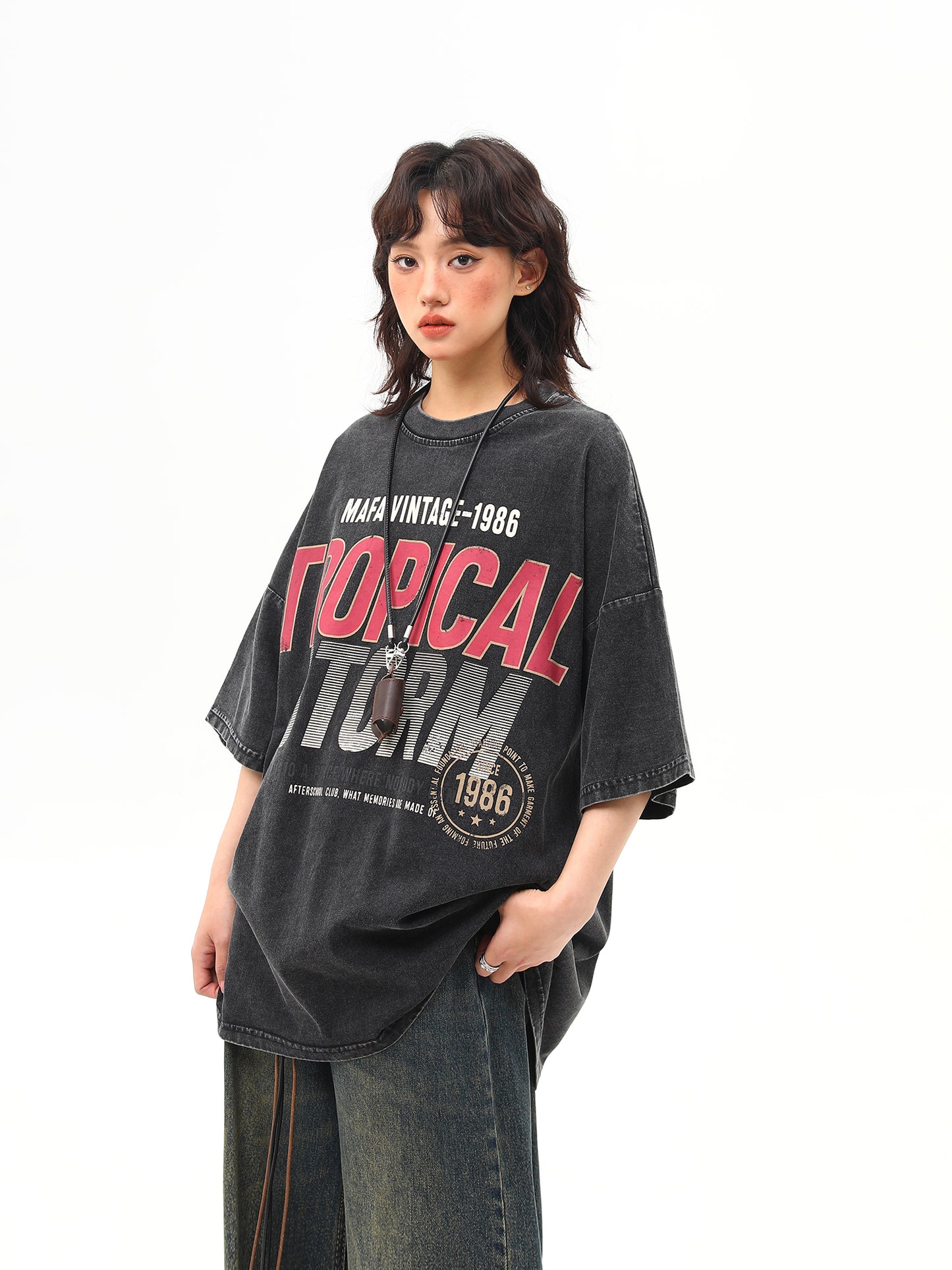 ウォッシュ加工 ヘビープリントTシャツ P2025