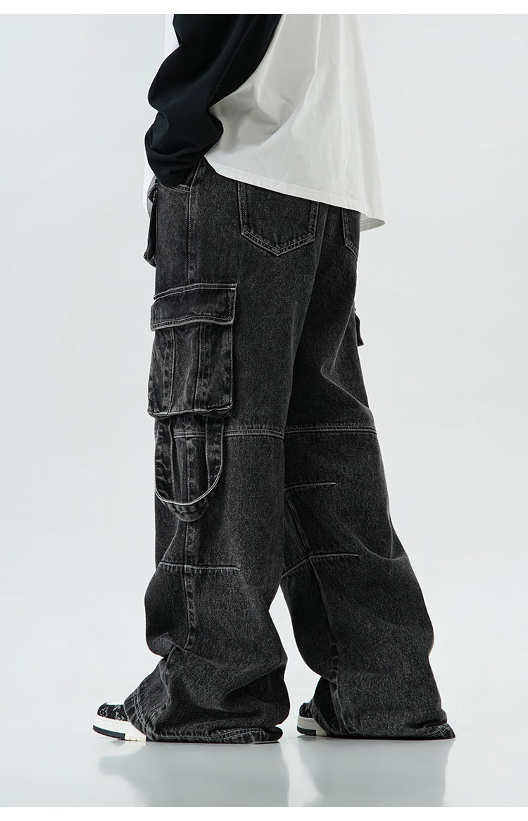 Oversized multi-pocket straight denim pants P382