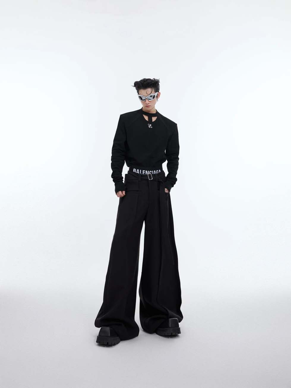 Belt design wide casual pants P1092