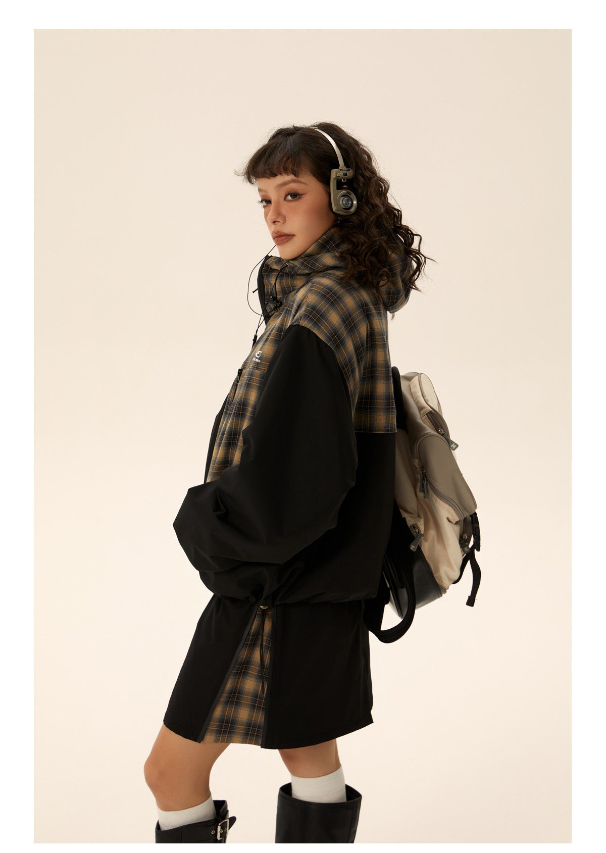 Retro check pattern splicing jacket &amp; skirt set P581