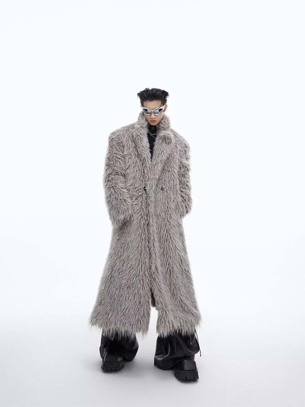 Big silhouette anti-mink fur long coat P1006