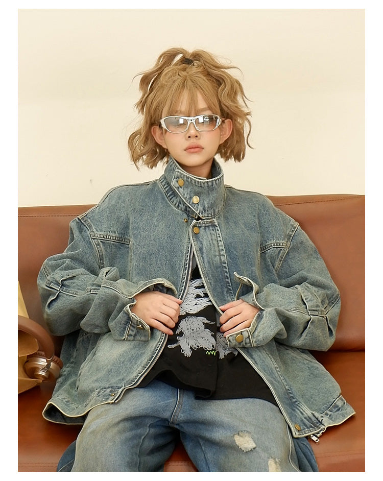 Pleated design washed denim jacket P1281