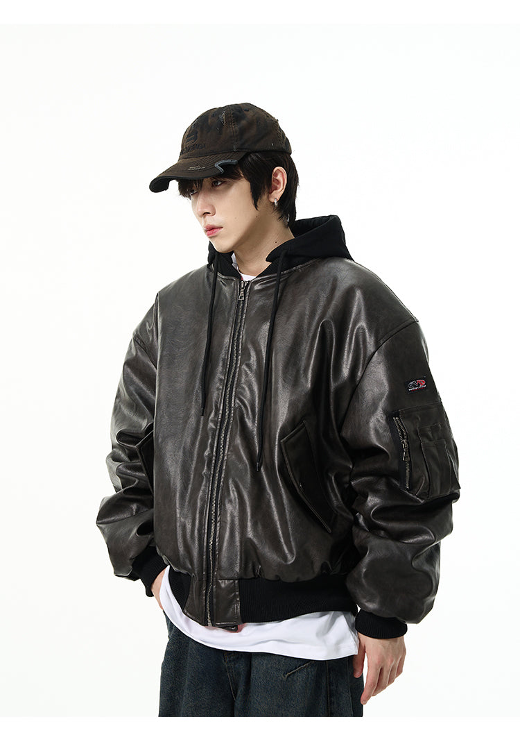 American retro hooded leather jacket P656