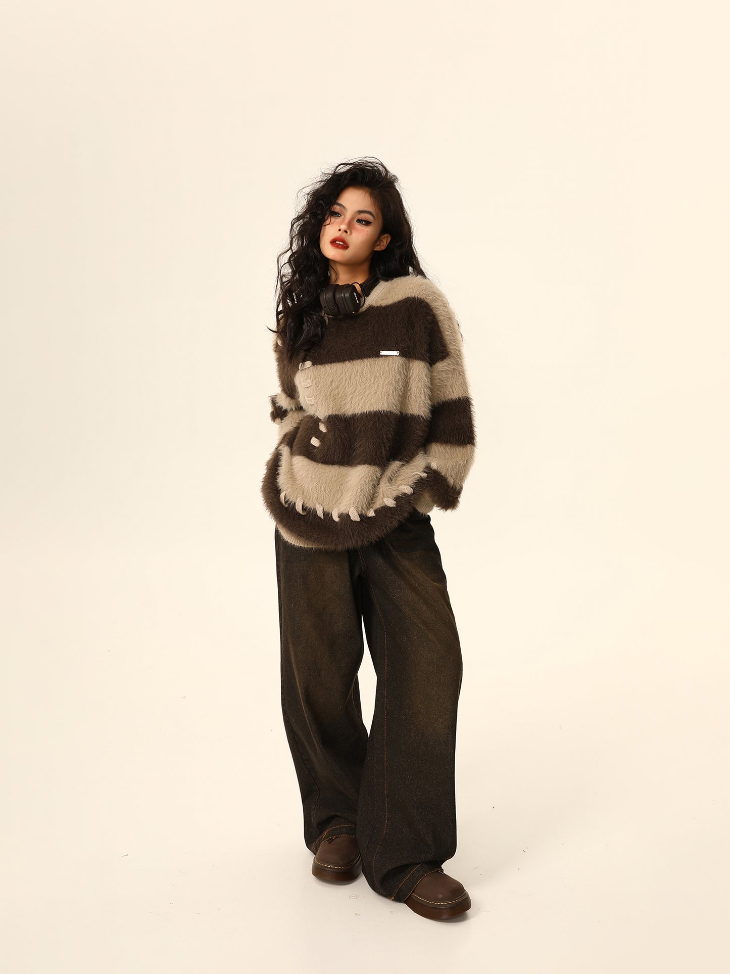 Imitation mink striped sweater P1261