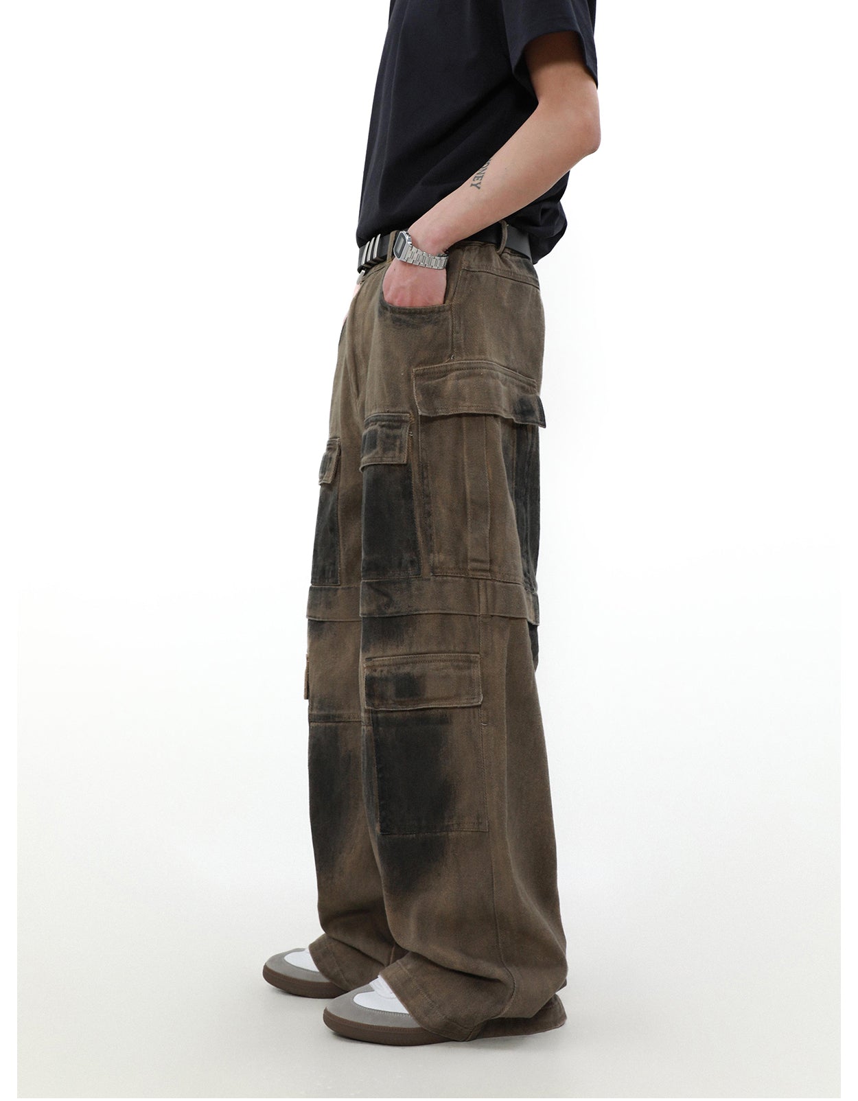 American retro distressed multi-pocket denim pants P829