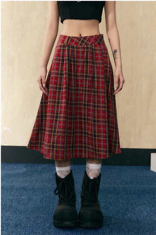 Mid-length check pattern A-line skirt P825