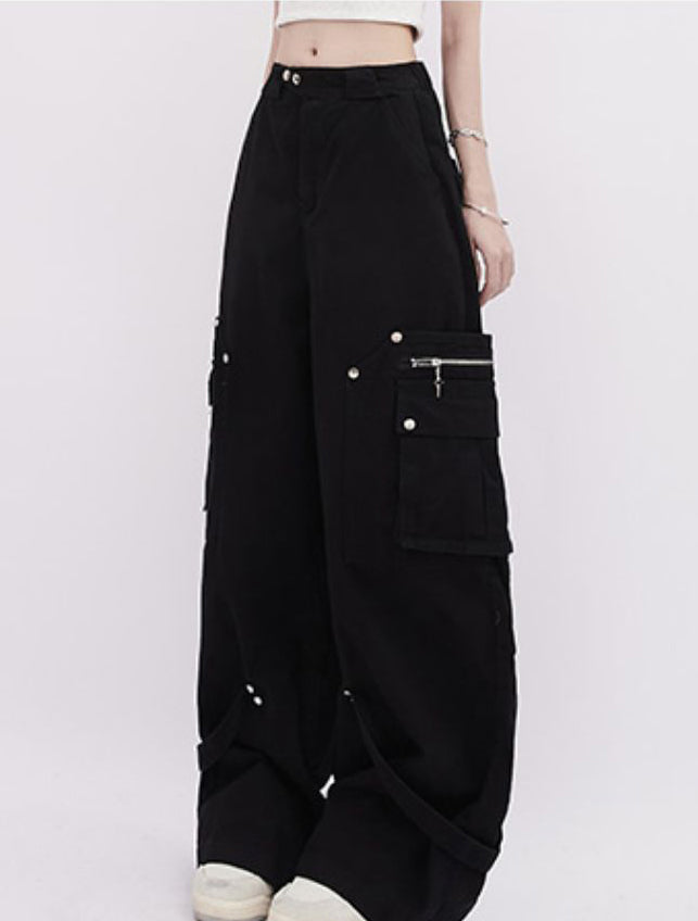 Multi-pocket strap design straight pants P932