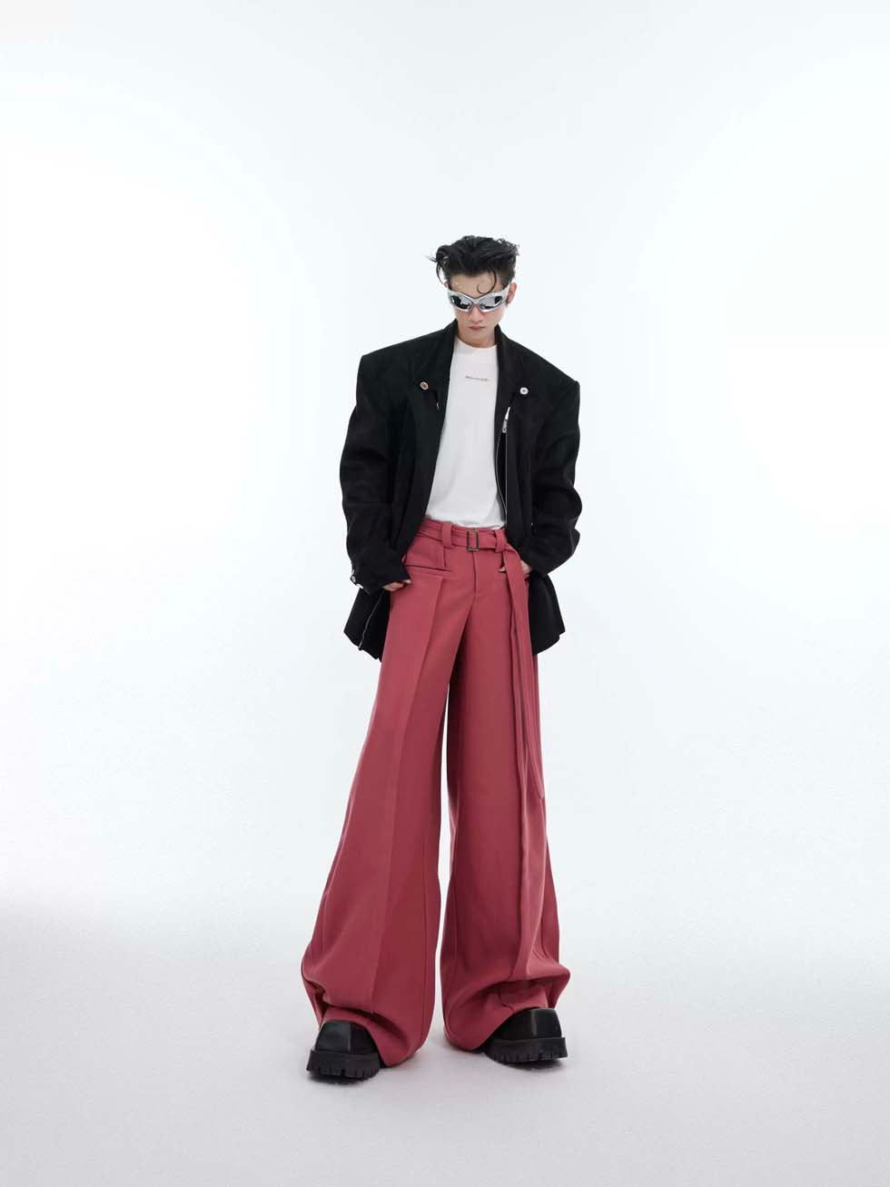 Belt design wide casual pants P1092