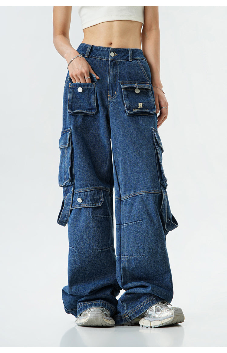 Oversized multi-pocket straight denim pants P382