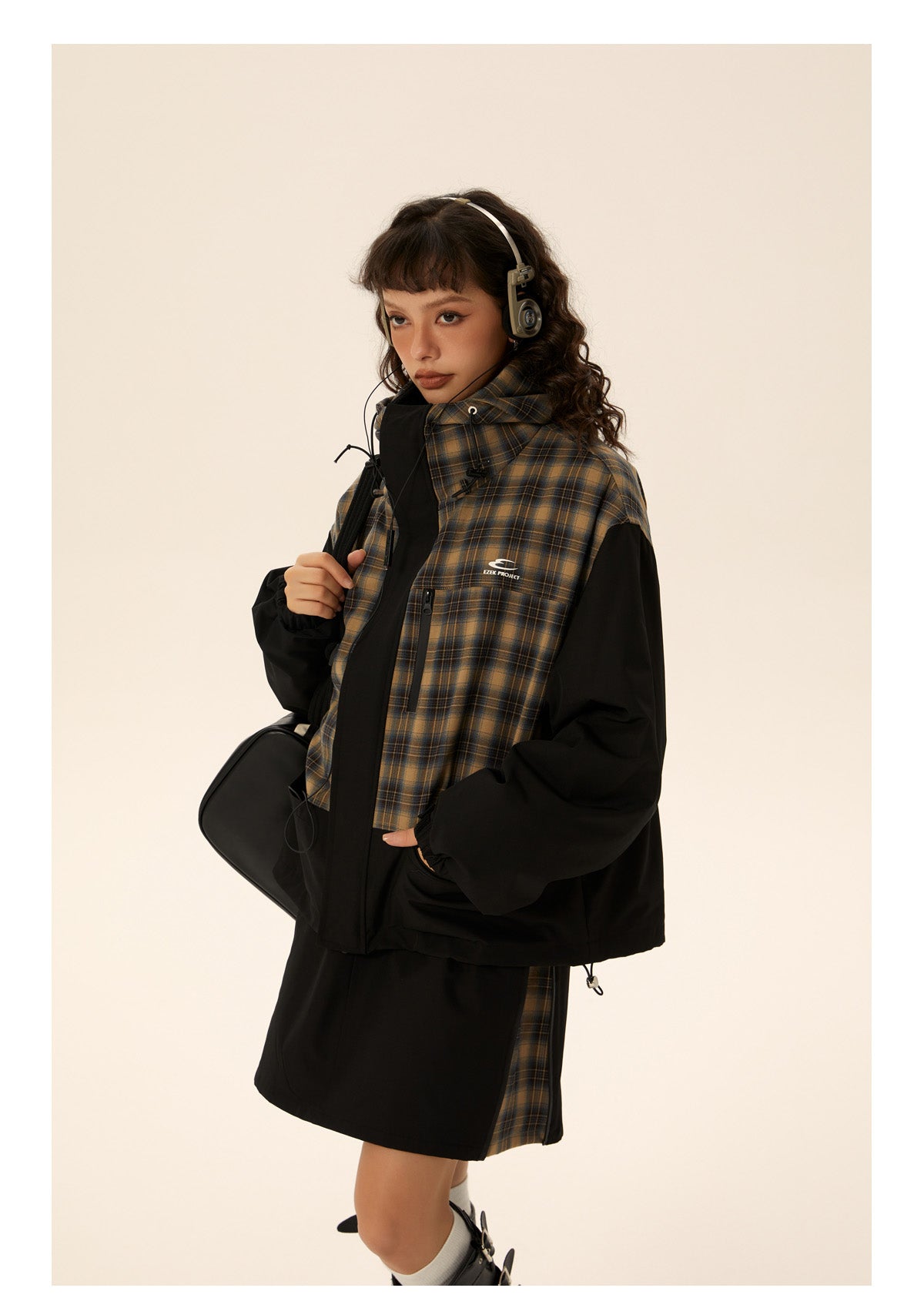 Retro check pattern splicing jacket &amp; skirt set P581