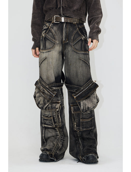 Multi-pocket washed denim pants P527