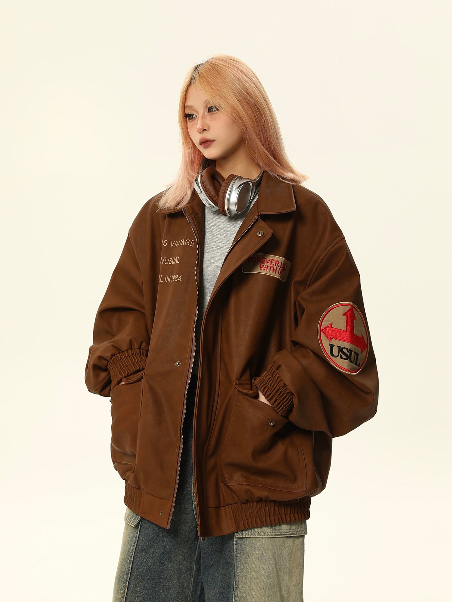 American retro PU leather jacket P1332