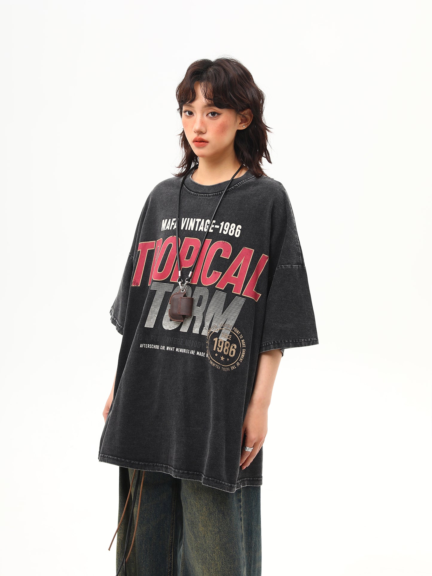 ウォッシュ加工 ヘビープリントTシャツ P2025
