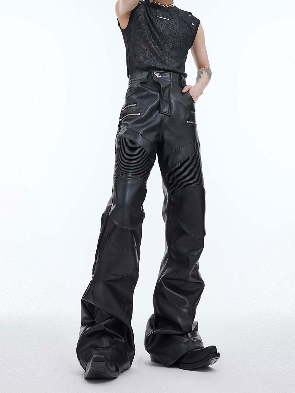 Metal zipper decorated leather pants P1149