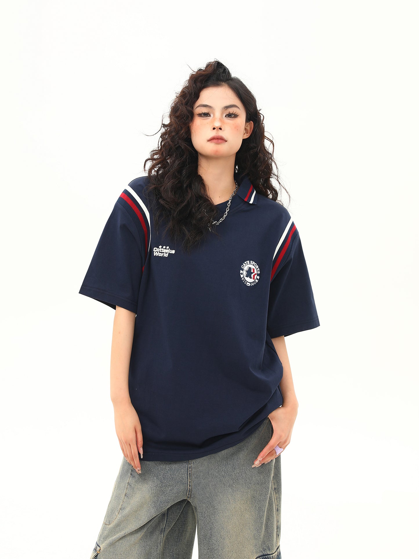 スポーツスタイル パッチワーク ポロシャツ P2064