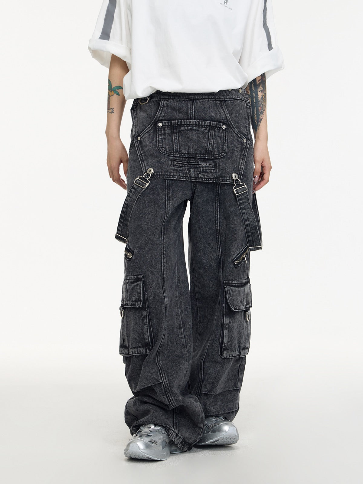 Multi-pocket washed denim overalls P536