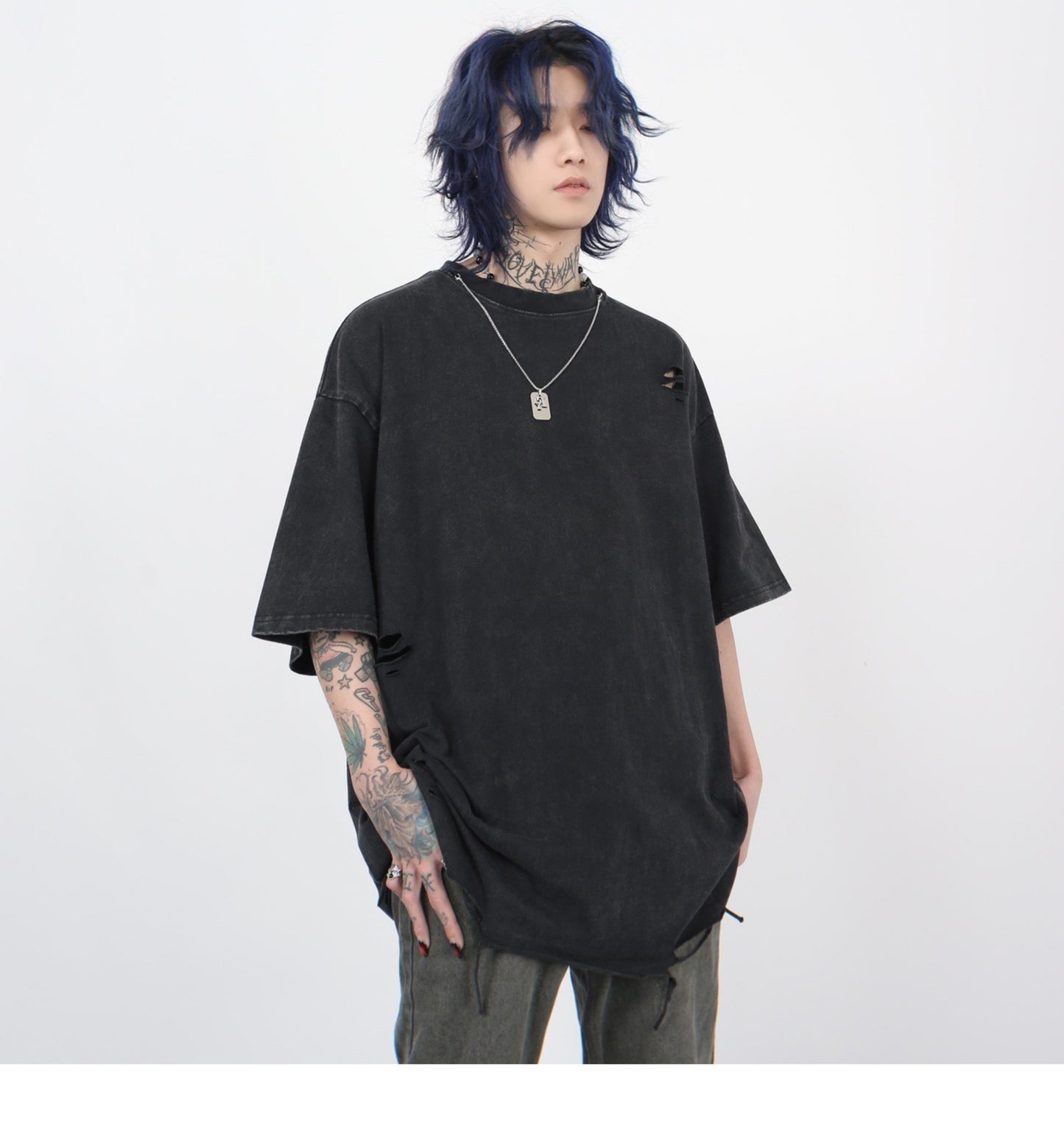 Distressed washed short sleeve T-shirt P1364