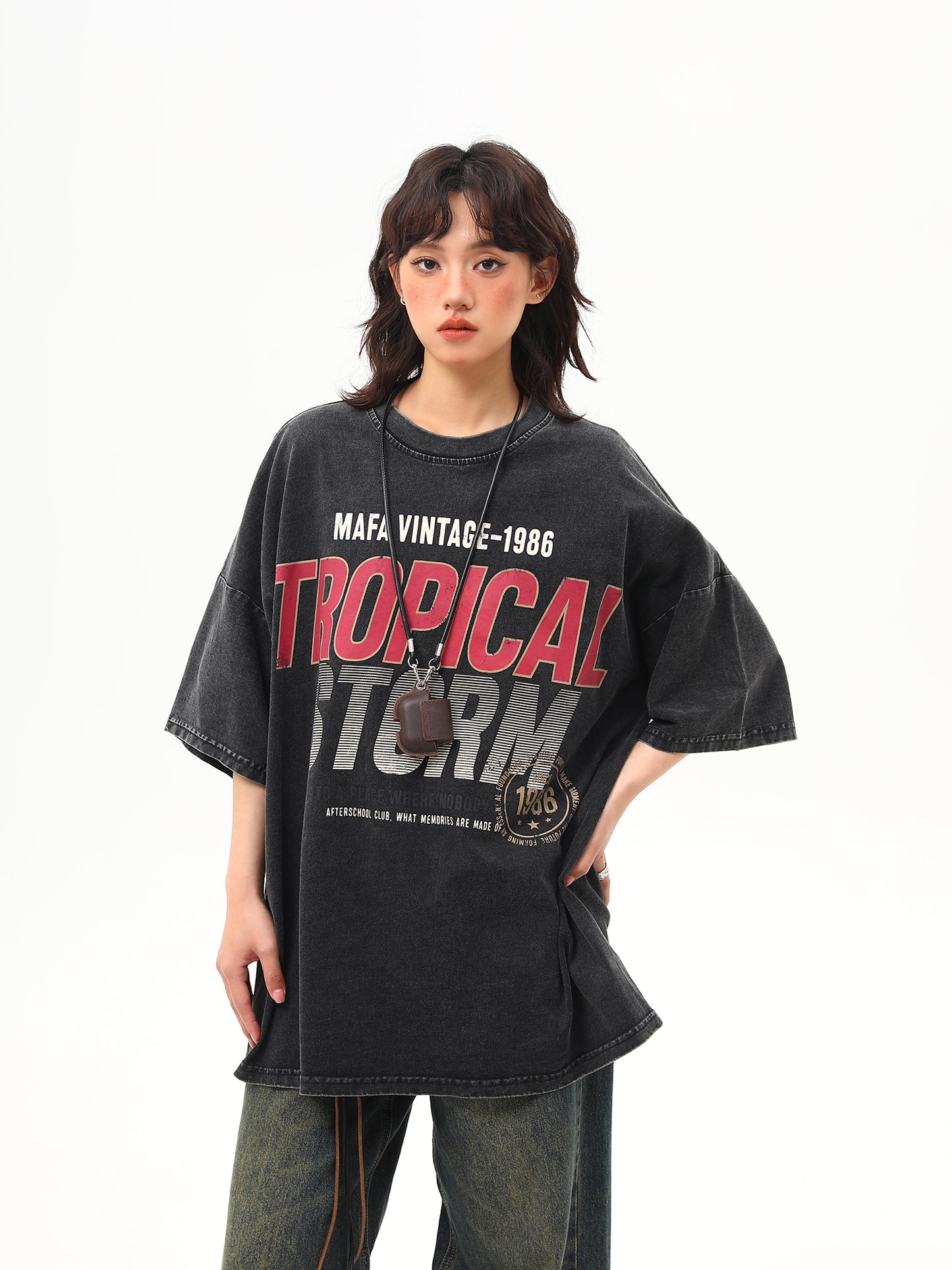 ウォッシュ加工 ヘビープリントTシャツ P2025