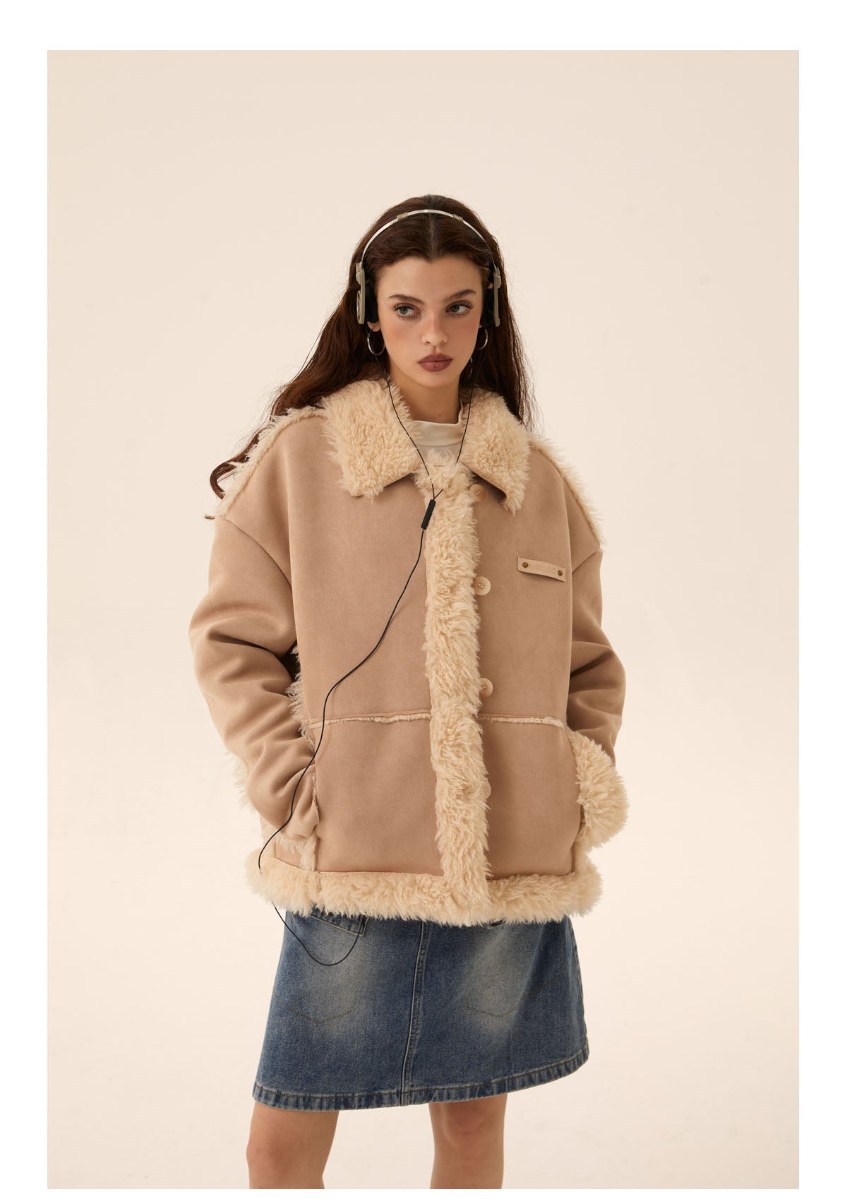 Retro beige mouton coat jacket P443