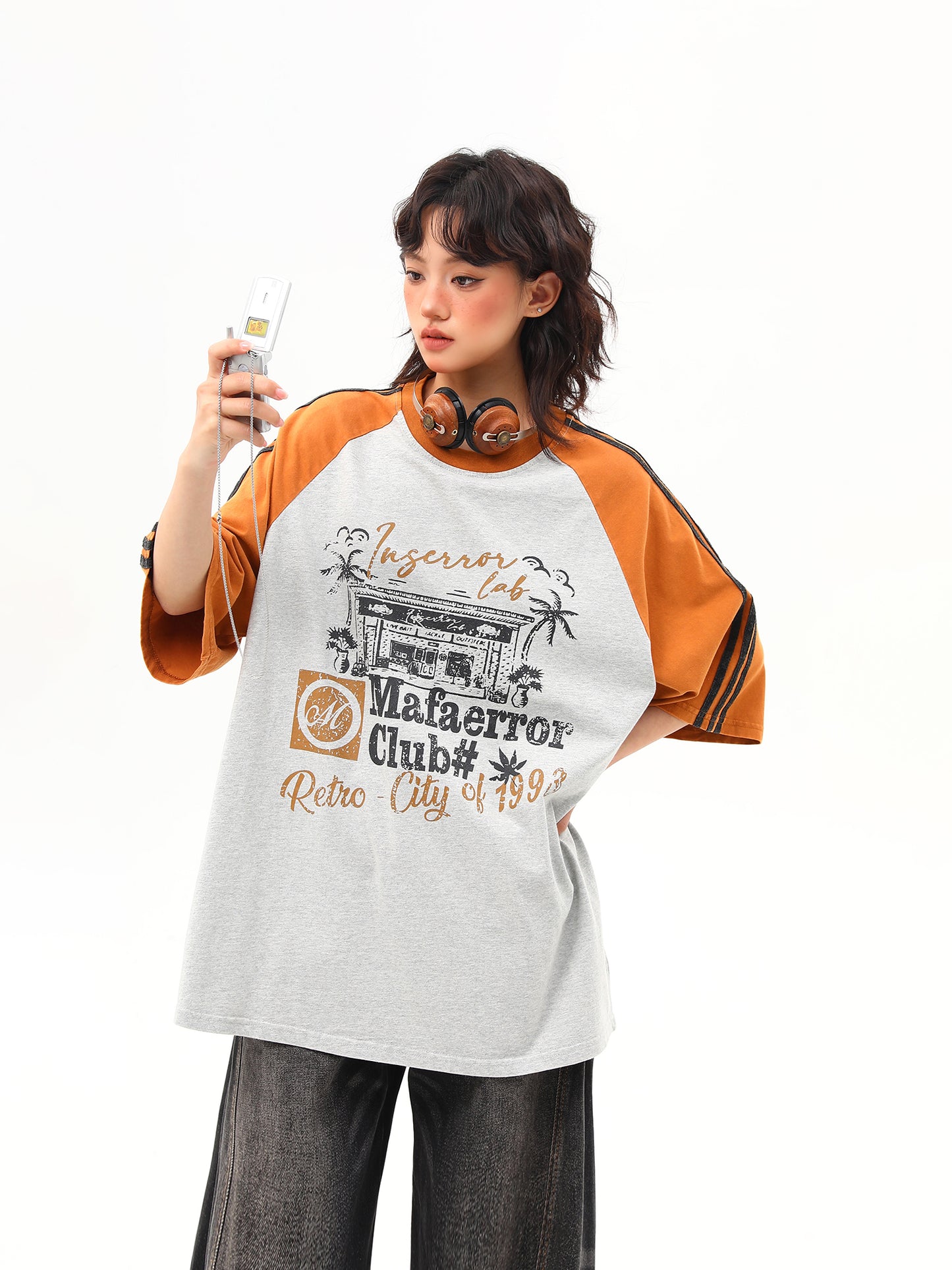 レトロ プリント ラグランスリーブ Tシャツ P2014