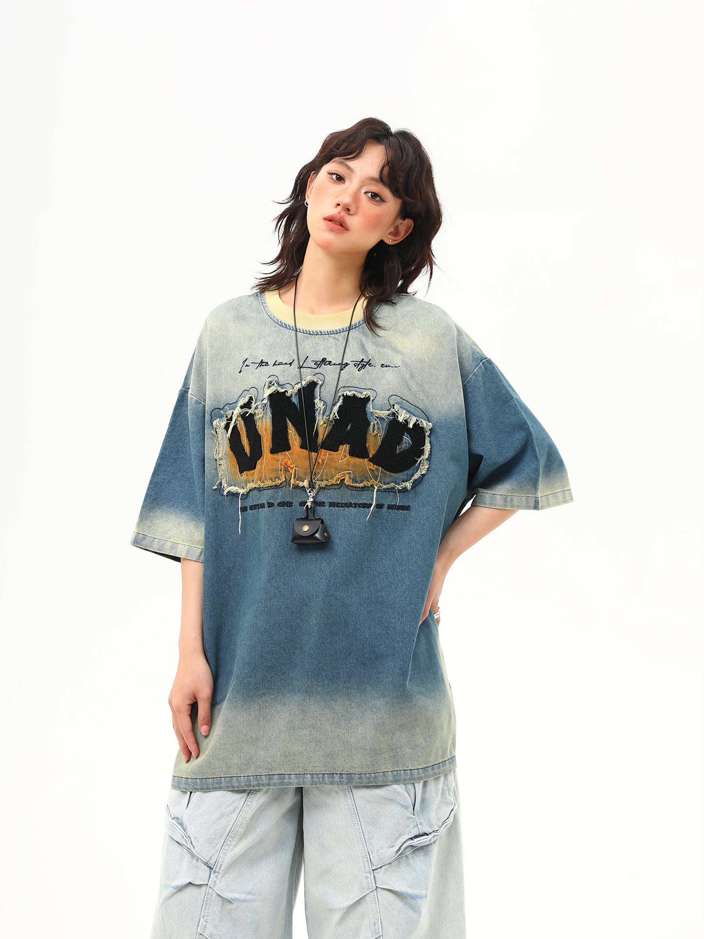 ウォッシュデザイン 刺繍デニム Tシャツ P2028