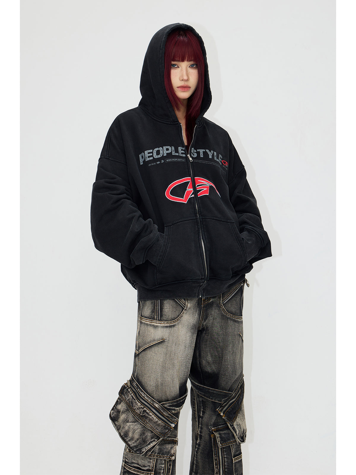 Loose fit zip logo hoodie P524