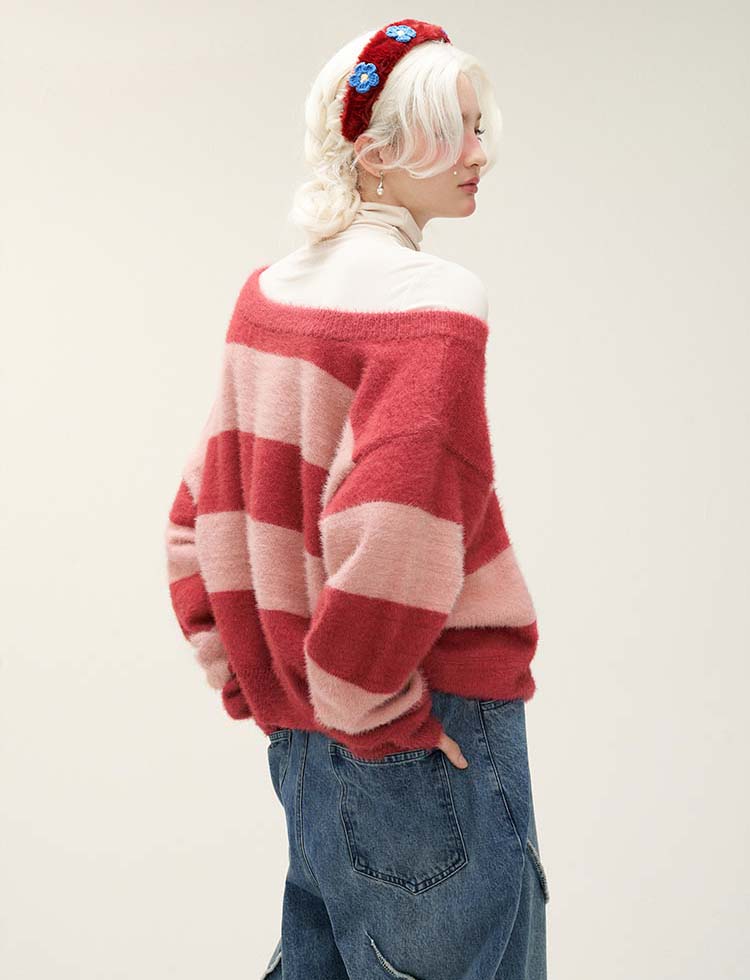 Striped fleece font sweater P1306