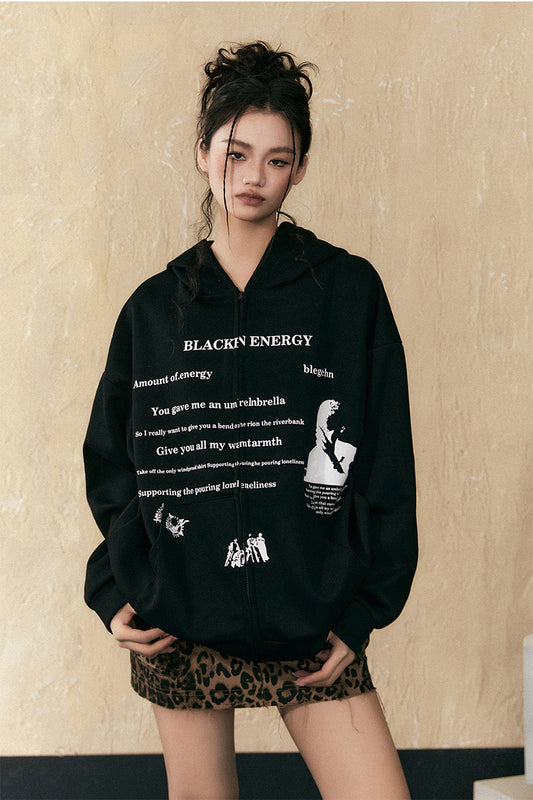 Letter print hooded zipper sweatshirt P805