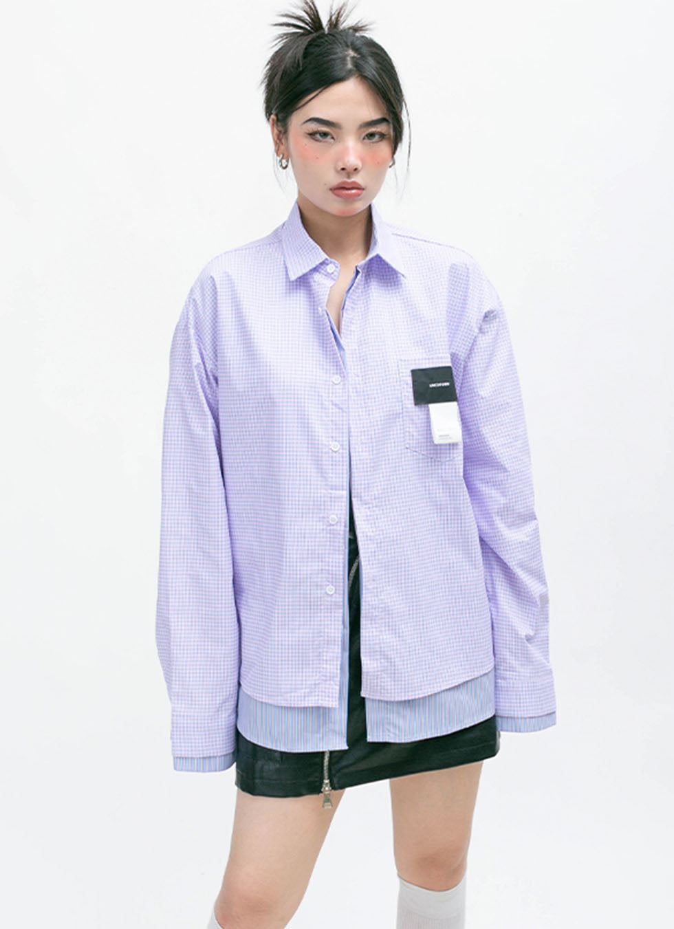 Fake two-piece design check pattern shirt P745