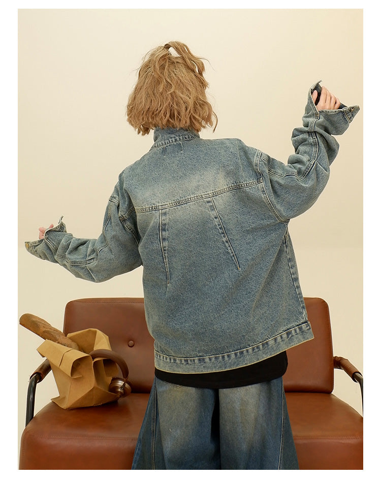 Pleated design washed denim jacket P1281