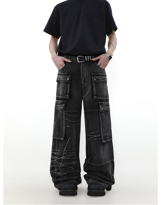 Niche Design Multi-Pocket Wide Leg Jeans P831