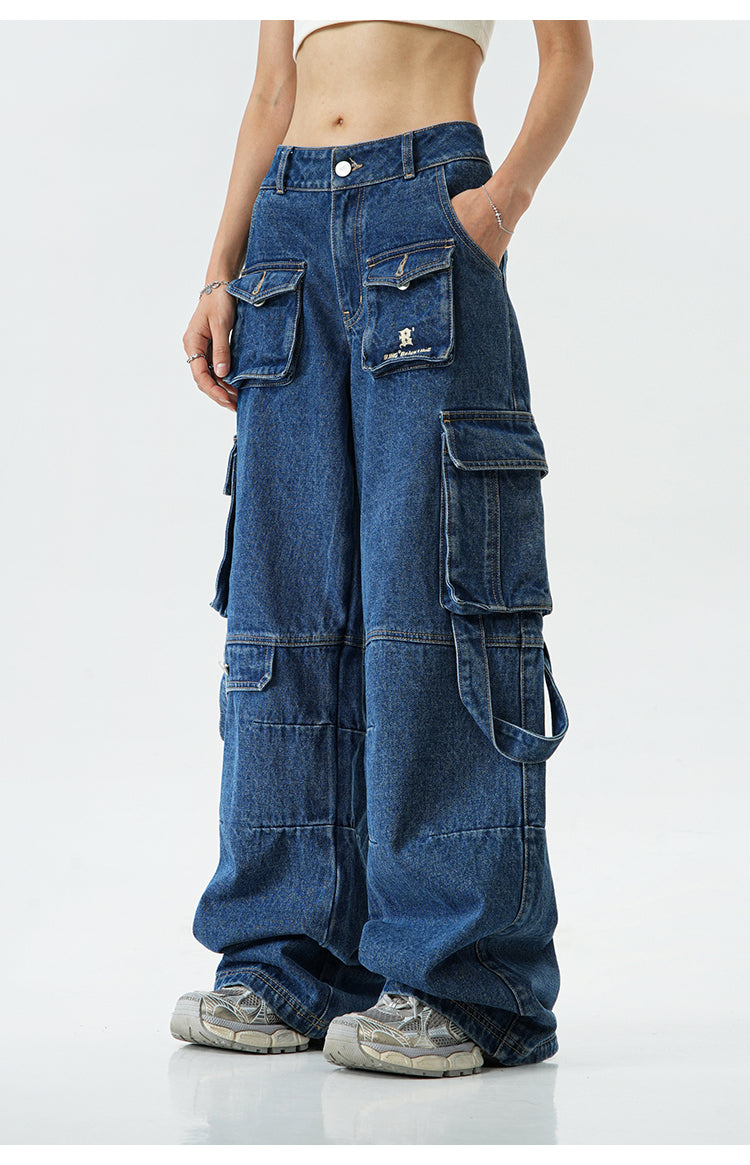 Oversized multi-pocket straight denim pants P382