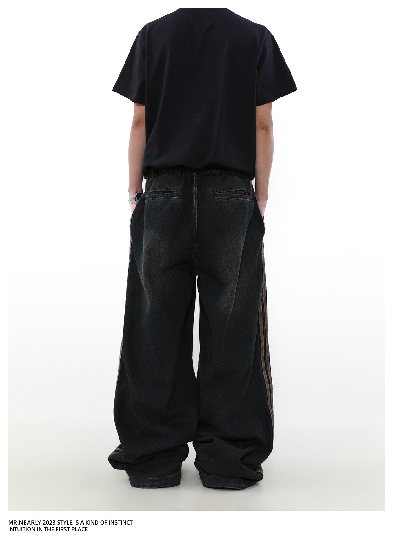 Pleated design wide leg straight jeans P1346