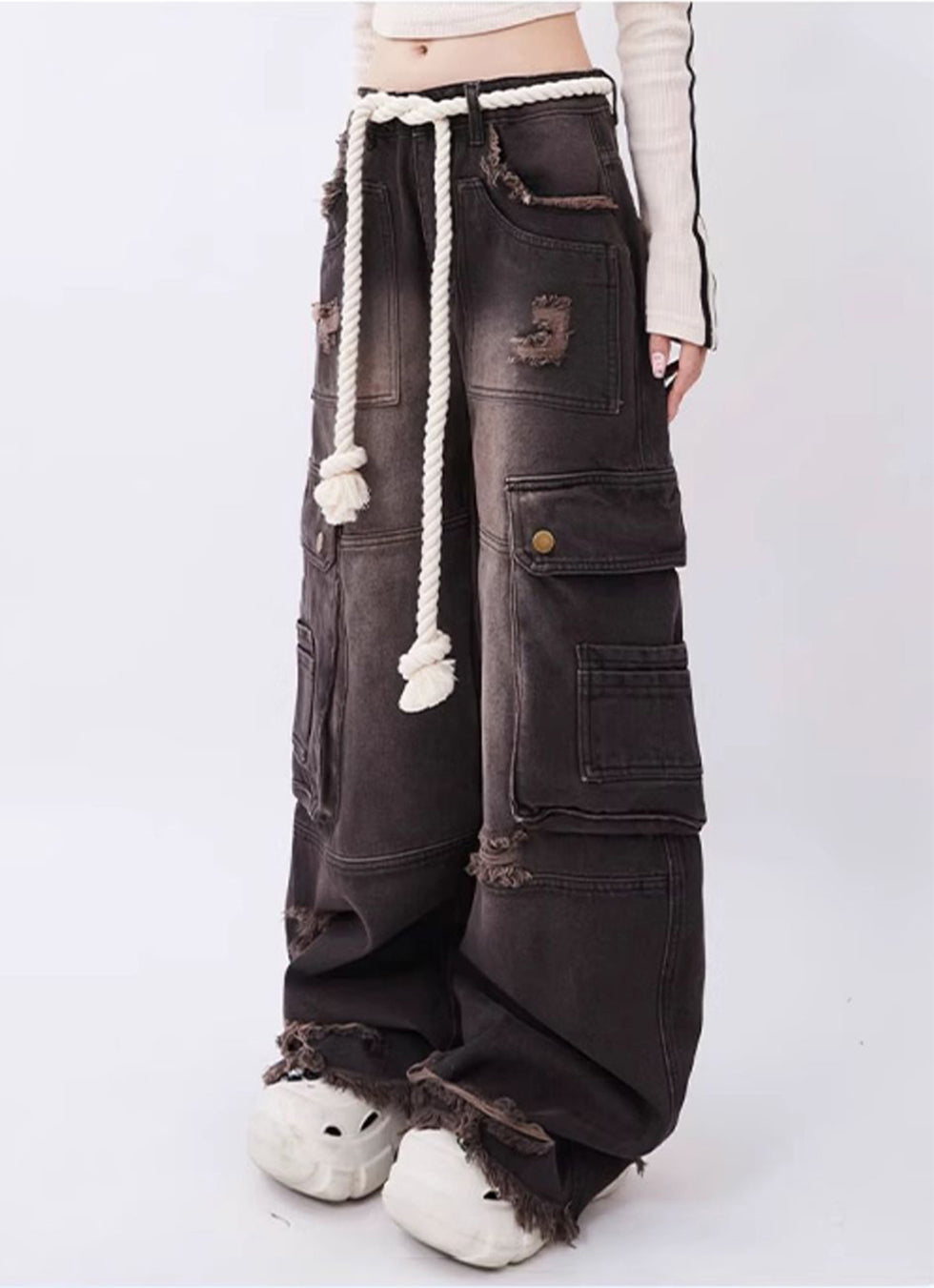 Multi-pocket design straight pants P967