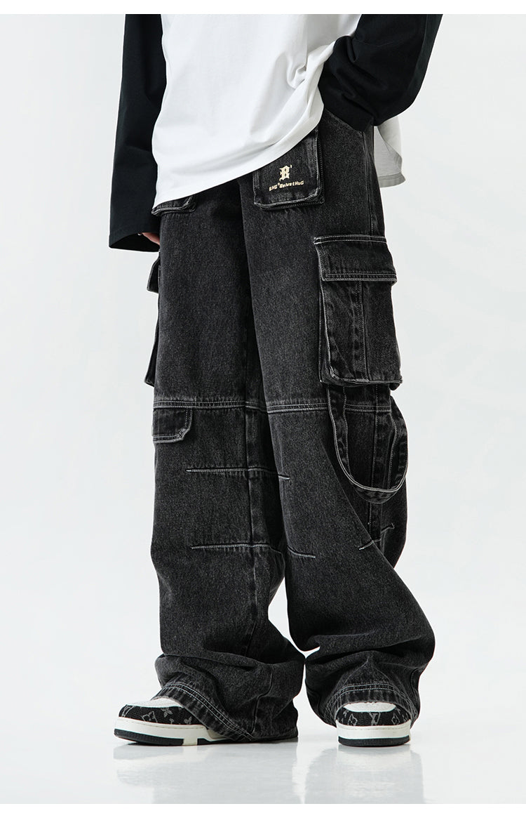 Oversized multi-pocket straight denim pants P382