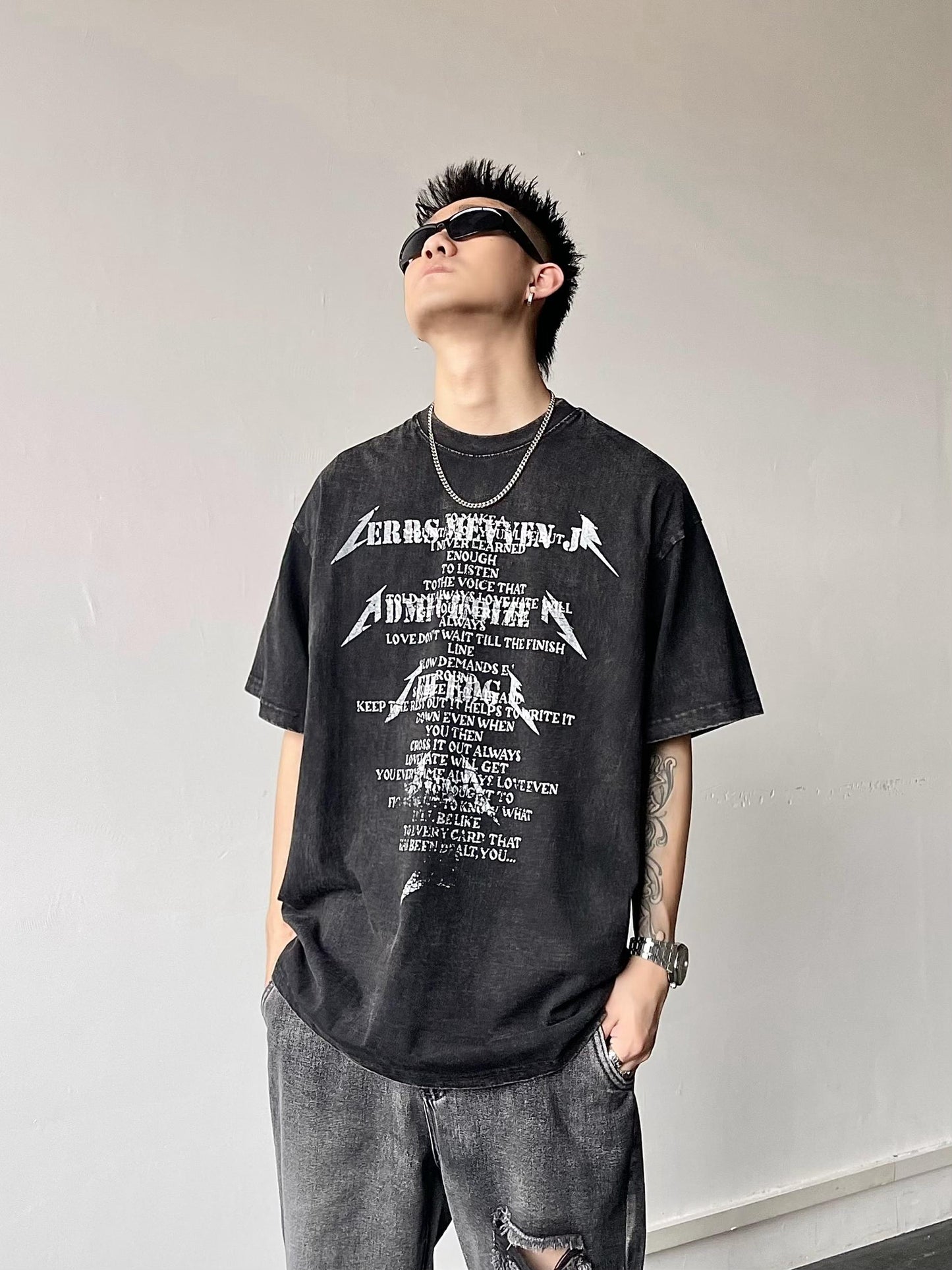 ウォッシュド ダメージ レター Tシャツ P1601