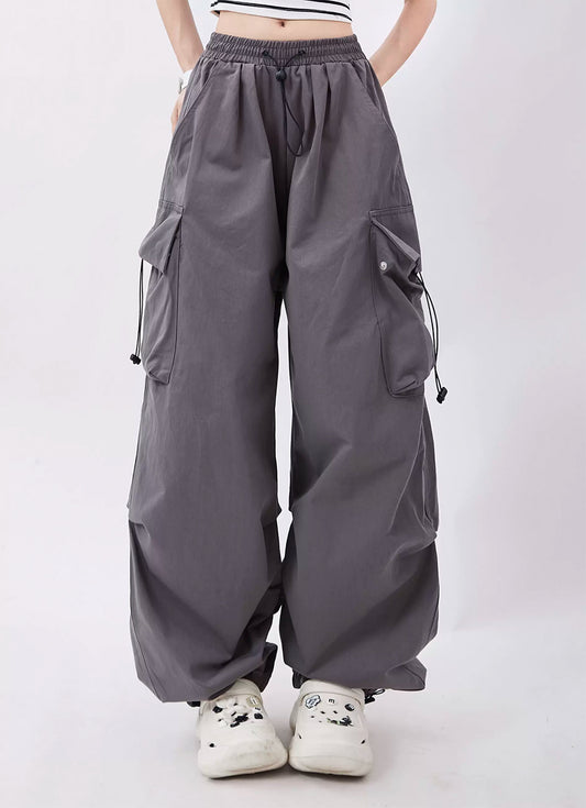 Multi-pocket pleated design casual pants P964