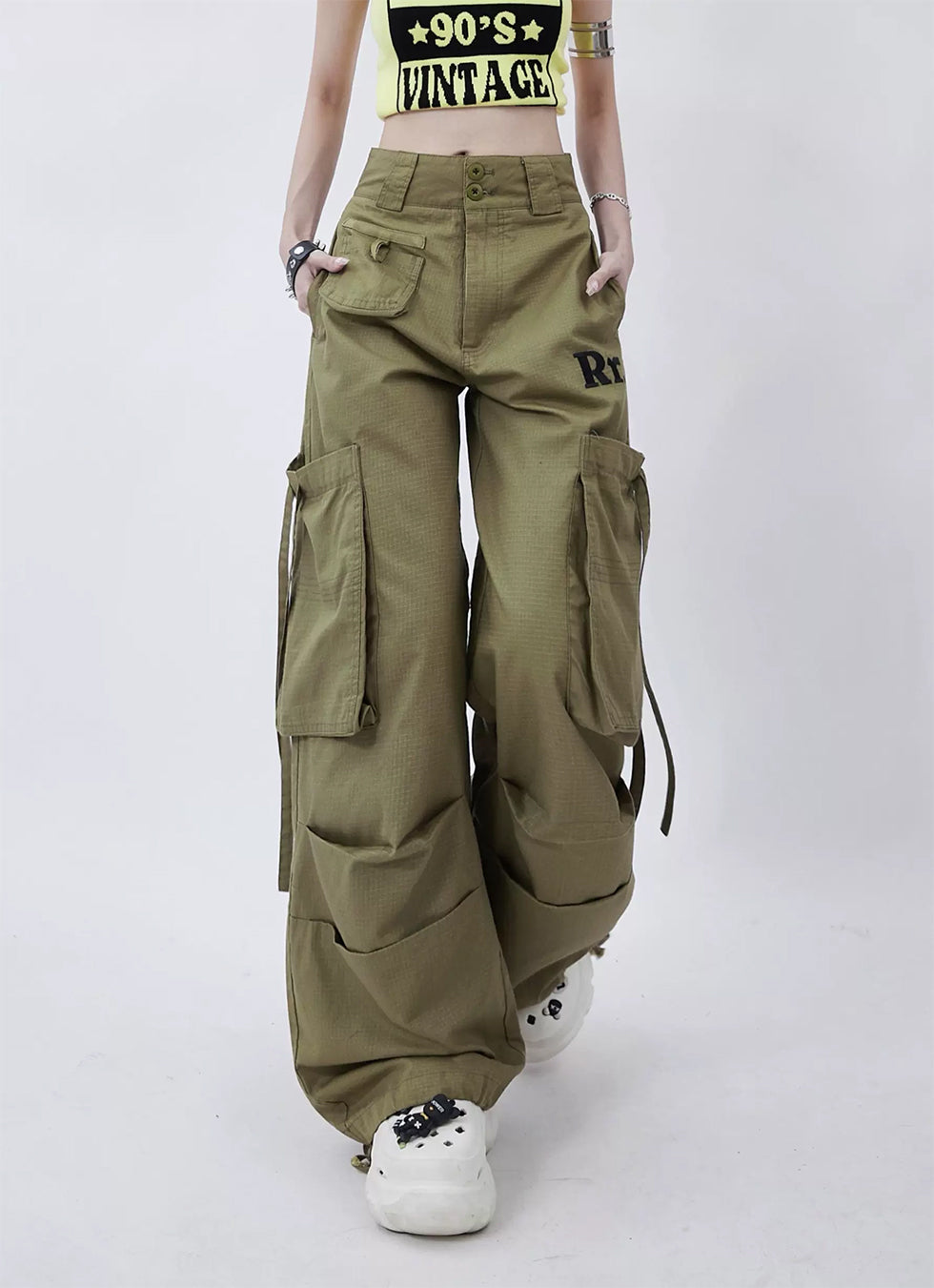 Big pocket wide leg casual pants P972