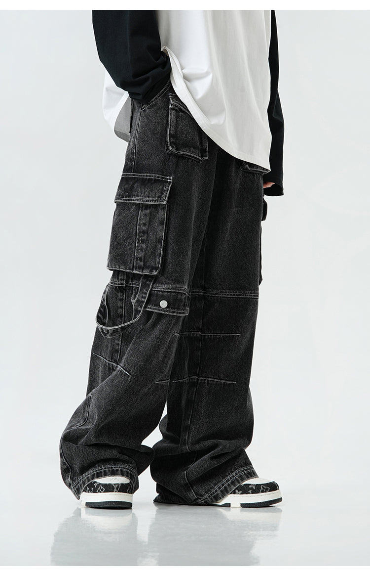 Oversized multi-pocket straight denim pants P382