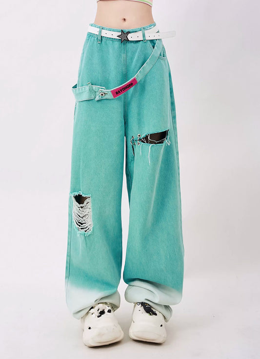 Retro Ripped Design Loose Straight Pants P961