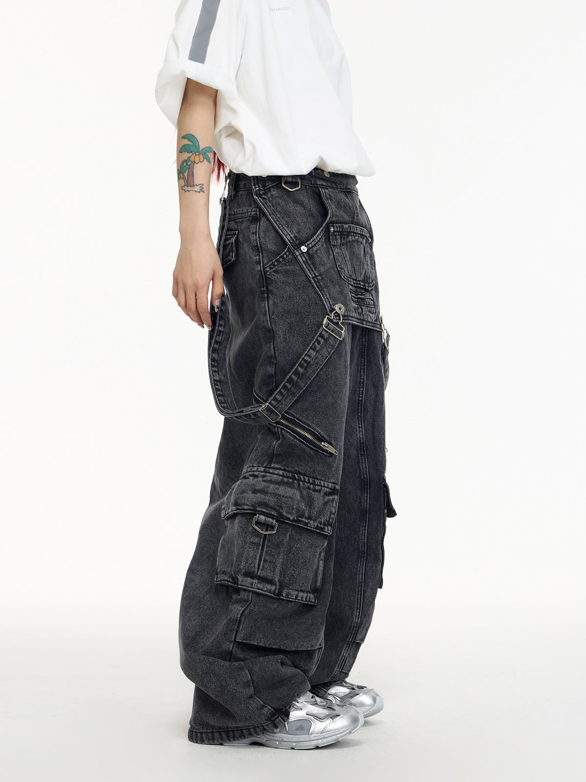 Multi-pocket washed denim overalls P536