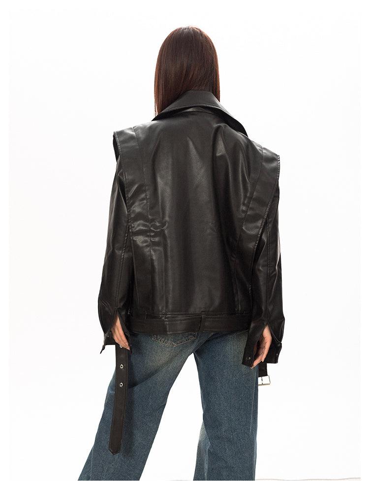 Wide Shoulder Motorcycle Leather Jacket P691