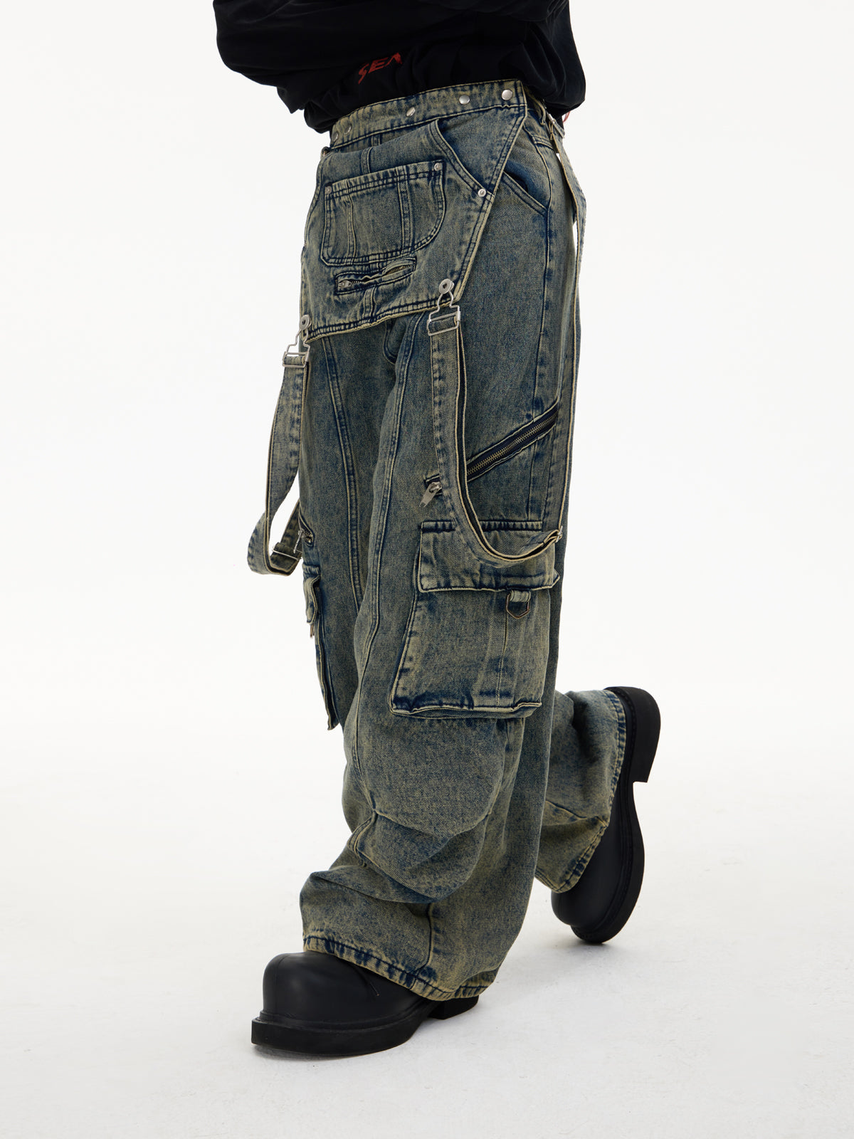 Multi-pocket washed denim overalls P536